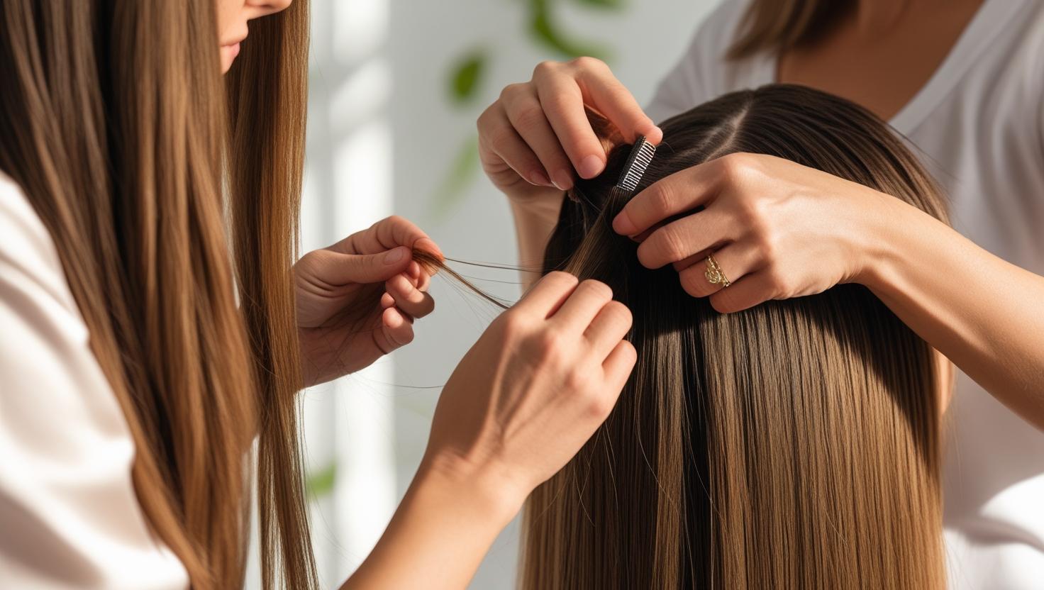 Licensed professional demonstrating expert hair extension application technique with client