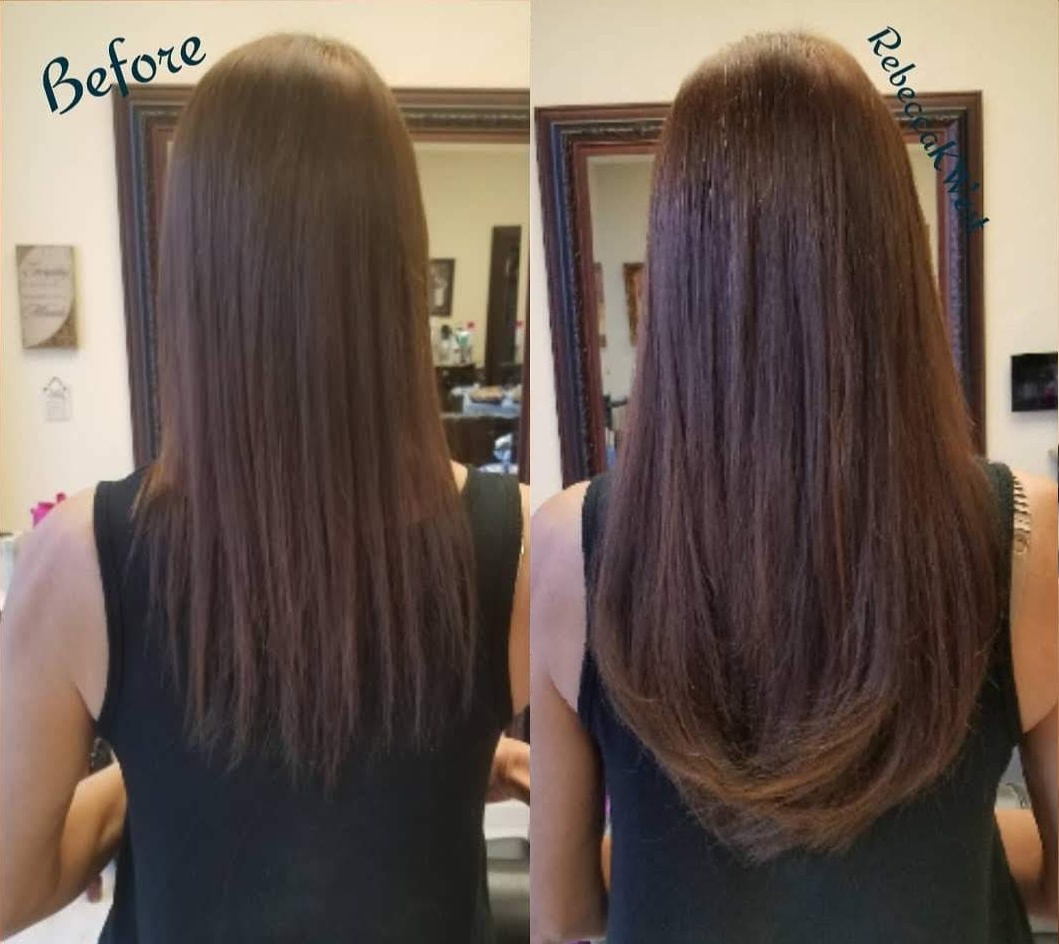 Before and after hair extension transformation showing dramatic length and volume increase